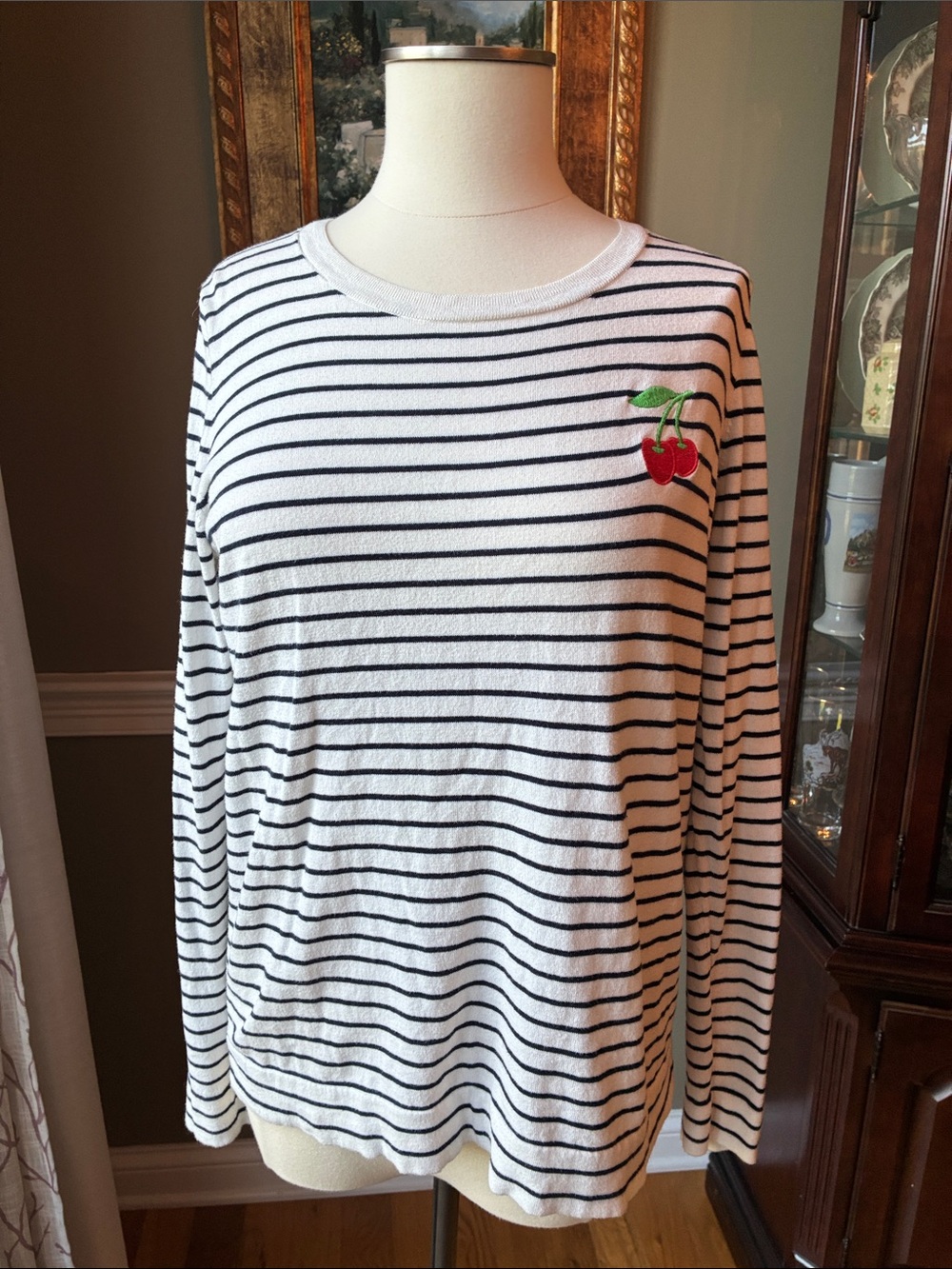 J. Crew White & Black Striped Long-Sleeve Top with Cherry Patch